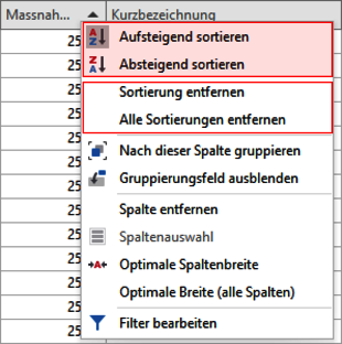 Sortierung im Kontextmenü